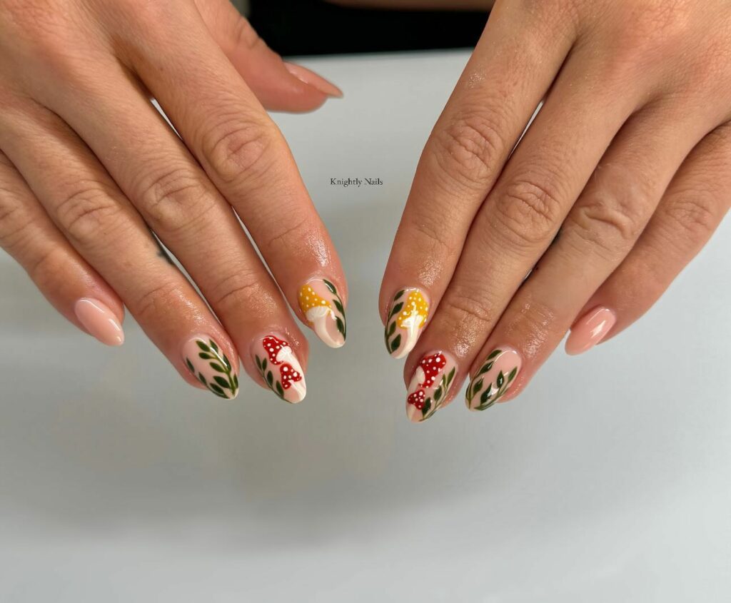 Yellow And Red Mushroom Design On Almond Nails
