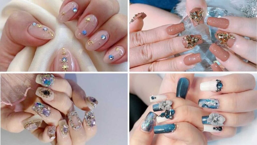 Luxurious stone embellished nail design